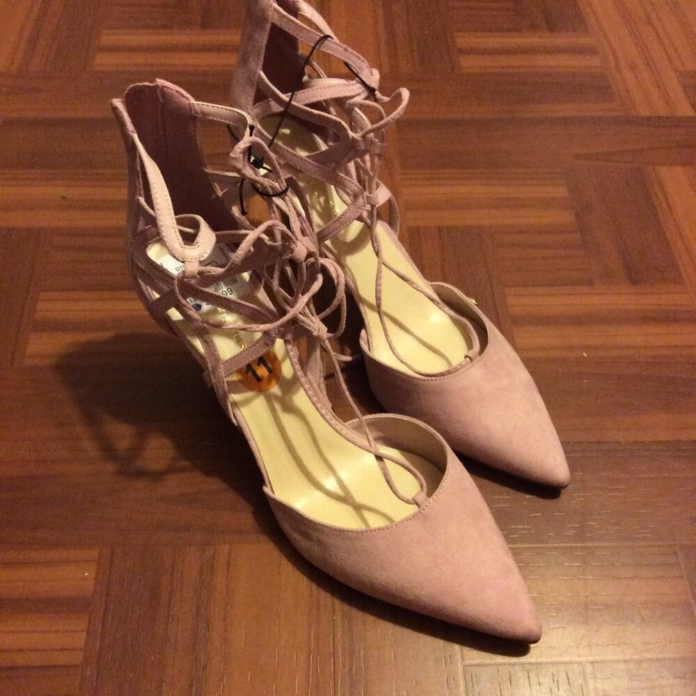 Rose pink suede lace - up high heel shoes